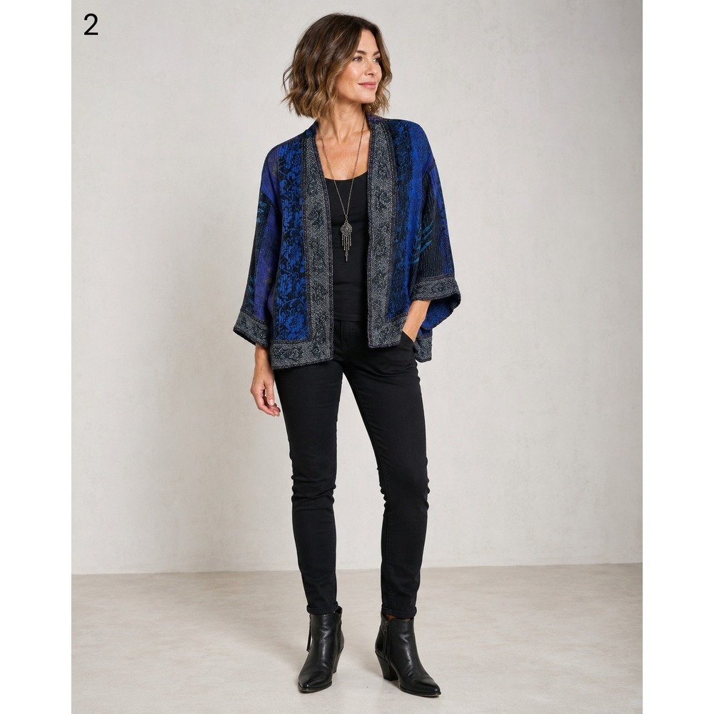 JOHN MARK Bohemian Patchwork Kimono Jacket Womens Small Blue Black Pockets